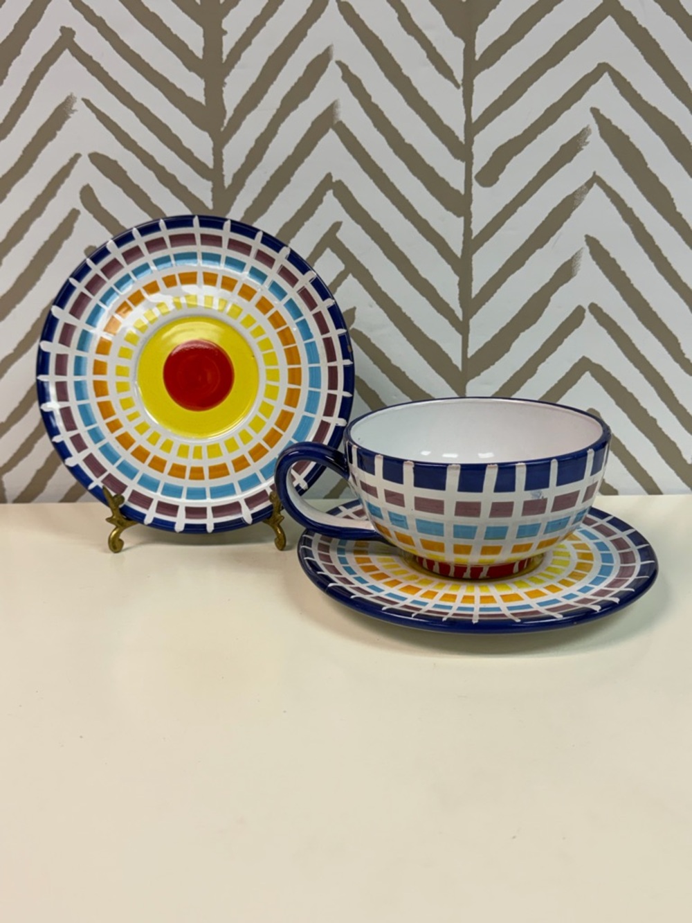 Vintage Italian Colorful Ceramic Plates and Large Cup Set